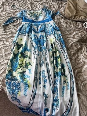 Fashion Nova White Maxi Dress with Blue and Green Floral Print